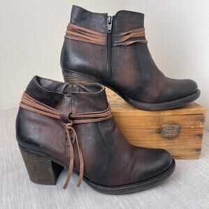 Miz Mooz Melba Brown Distressed Leather Ankle Boots Wrap Tie Block Heel Women 10
